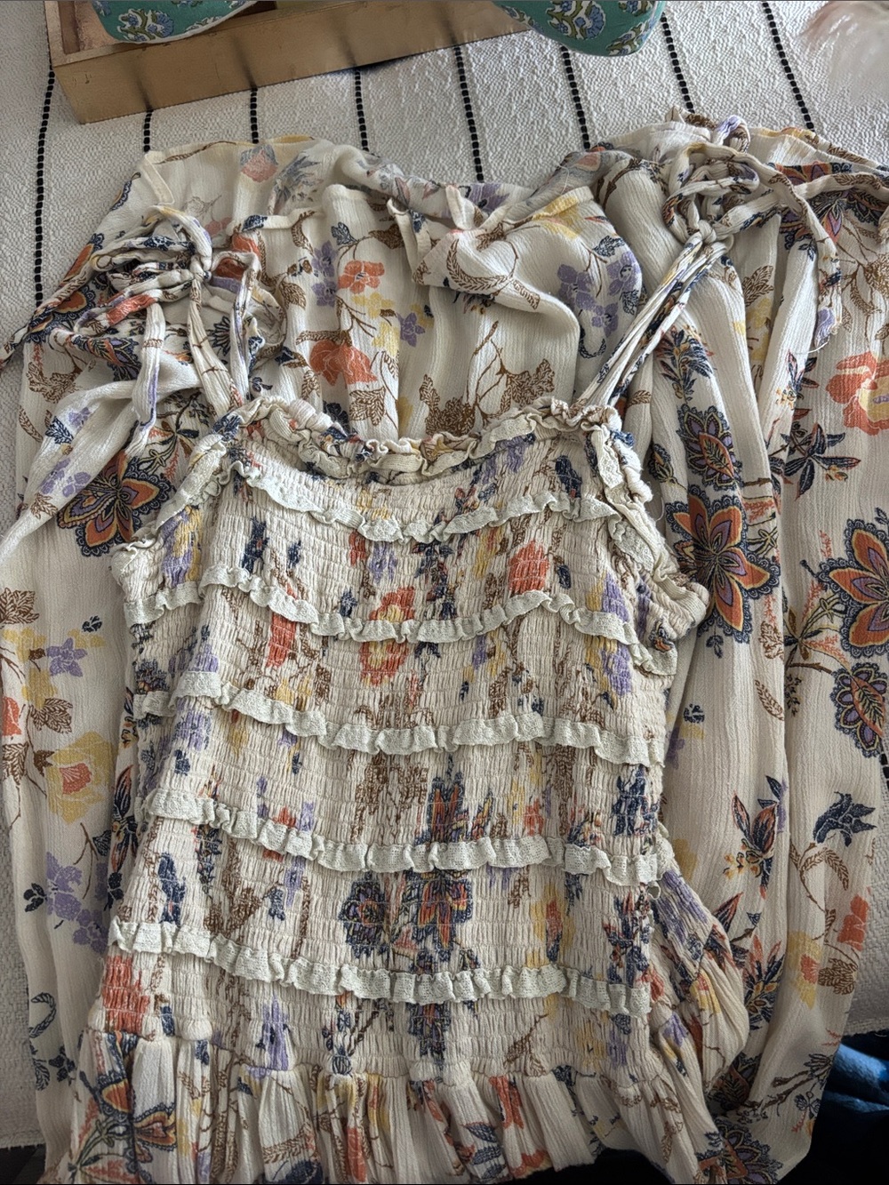 Free People Floral Smocked Ruffle Dress - Cream Multi